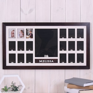 Newborn to Full 18 Years, 18 Picture Frame 2.5x 3.5&quot;, one 8x10&quot;, School Years 3d Picture Frame Collage, Personalized With Name, 30x16inch