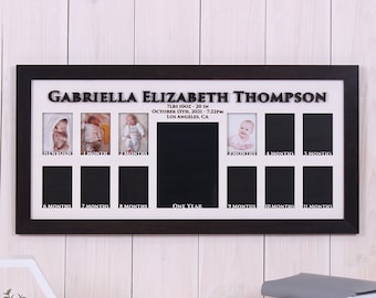 Baby Birth through One Year Monthly Photo Picture 3d Frame, personalization of birth, 12 openings 2.5x3.5", one opening 5x7", 26x13inch