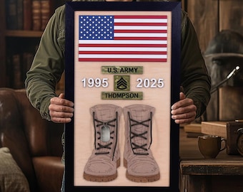 Personalized Custom Military Sign - US Army Patch Display for Bootlaces Dog Tags – Military Shadow Box - Retirement gift for Soldier