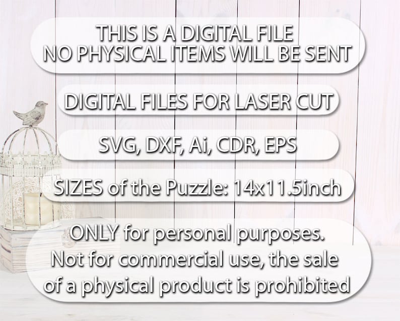 Peut inclure: Fichiers num&eacute;riques pour la d&eacute;coupe laser d'un puzzle. Les fichiers incluent les formats SVG, DXF, AI, CDR et EPS. Le puzzle mesure 35,56 cm par 29,21 cm. Le texte indique que les fichiers sont destin&eacute;s &agrave; un usage personnel uniquement et que l'utilisation commerciale est interdite.
