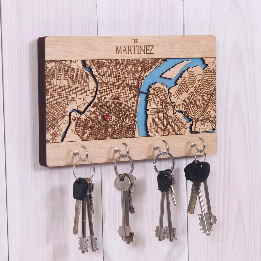 Personalized City Map Key Holder for Wall – Custom Organizer With Hooks ...