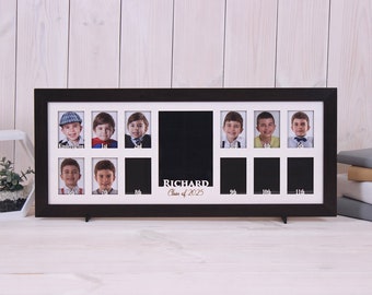 School Years Picture Frame, Kindergarten to Graduation, 13 openings, Personalized name and graduation year, 2.5x3.5" and 5x7", 26x11inch