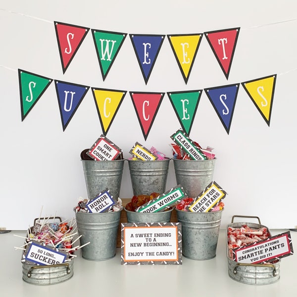 Graduation Dessert Table Bundle - Sweet Success banner + Graduation Candy Signs, set of 9 - Candy Bar Sign - Candy Sign - Graduation Party