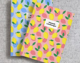 Personlig citrondagbok, anteckningsbok med eget namn, sött frukttryck, linjerad dagbok med hårt omslag i blått eller rosa