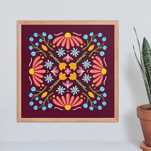 Stampa di illustrazioni floreali di arte popolare moderna - Arte murale botanica quadrata per casa, ufficio o galleria