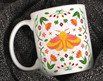 Rosy Maple Moth Mug – Botanical Insect Art Coffee Cup