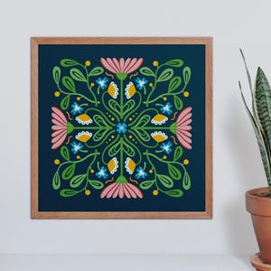 Stampa di illustrazioni floreali di arte popolare moderna - Arte murale botanica quadrata per casa, ufficio o galleria
