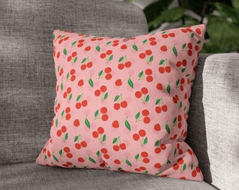 Körsbärsmönstrat örngott | Rosa Cottagecore kuddfodral för soffa, säng eller köksvrå