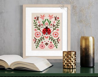 Ladybug Art Print: Hand-Drawn Folk Art Illustration