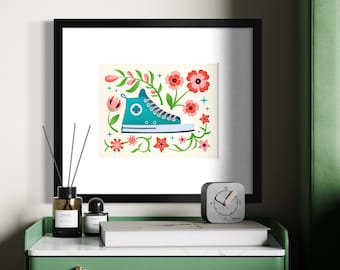 Floral Sneaker Art Print: Hand-Drawn Shoe and Nature Illustration