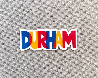 Durham, NC Sticker: Colorful Overlapping Text Water-Resistant Vinyl Decal for Laptop, Water Bottle - 4 inch