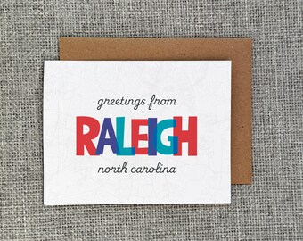 Greetings from Raleigh, North Carolina Bright Funky Lettering Greeting Card Stationery