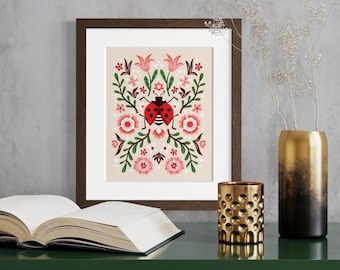 Ladybug Art Print: Hand-Drawn Folk Art Illustration