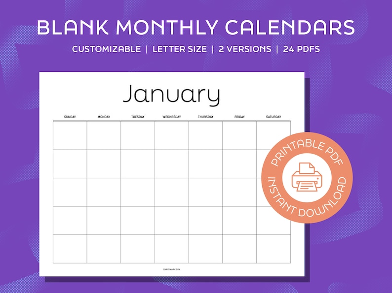 PRINTABLE Blank Monthly Calendar Modern Type Customizable Etsy Canada
