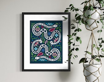 Garden Snake Art Print Modern Zodiac Illustration, Botanical Wall Decor