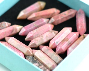 Natural Rhodonite  Stone Point Hexagon , Faceted Point, Double Terminated Wand Stick ,No Hole - 5 Pieces