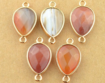 Natural Red Agate Stone Teardrop Connector Beads Bezel Oval Pear Drop Shape Gold Plated Rim 15x28mm include the Double Bail