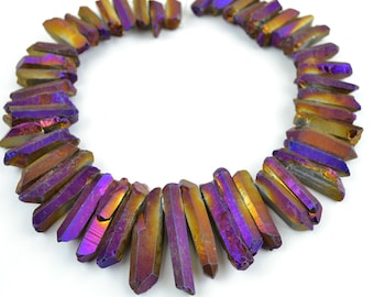 Metalic Titanium Quartz Point Beads Rough Rock Cystal Quartz Spike Point Beads Stick Beads Top Drilled Charm Pendant Rough Quartz Beads