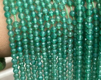 Natural Green Agate Faceted Round Beads Small Green Agate Gemstone Loose Bead Tiny Size 2mm 3mm 4mm Micro Diamond Cut 15'' Full Strand