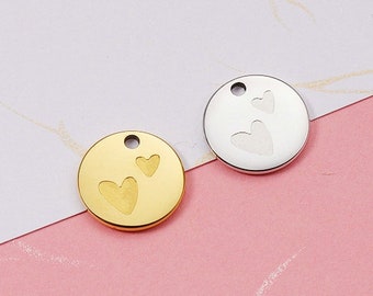 5Pcs Round Disc Love Heart Charm Stainless Steel Double Hearts Pendant Highly Polished Glossy for Necklace Bracelet Making
