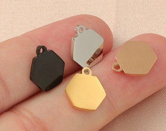 10Pcs 11mm Hexagon Charm Stainless Steel Mirror Polished Flat Pendant for DIY Chorker Necklace Earrings Bracelet ,Tiny Jewelry Charm