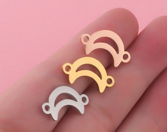 Stainless Steel Moon Connector Charms - Crescent Pendants with Double Hoops, 5 Pcs