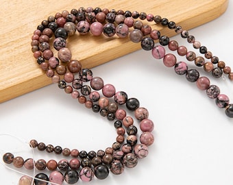 Natural Haitian Flower Rhodonite Beads Black Pink Gemstone Round Loose Beads for Jewelry Making Size Options  6mm 8mm 12mm Bulk Wholesale