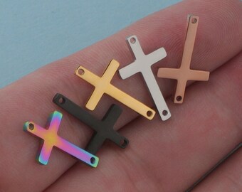 5Pcs Stainless Steel Cross pendant, Simple Cross Charm Double Holes for Necklace Connector,18k Gold Plated or Rose Gold,18mm 2 Holes