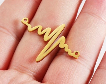 5Pcs Electrocardiogram Wave Stainless Steel Connector Heart beat Charm for Bracelet Connector Double Holes,Rose Gold Plated, Silver Tone