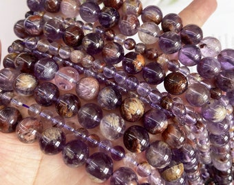 Natural Purple Phantom Quartz Beads Super 7 Amethyst Cacoxinite Gorgeous Crystal  Round Loose Beads 15" Full Strand for Bracelet DIY