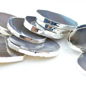 5 peças de fatias de ágata borda de corte de laje de pedra - 2"-3" - borda prateada moldura oval para cartões de nome de casamento decoração cartões de visita cartões de lugar - cinza