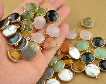 Faceted Round Agate Pendant Rose Quartz Pink Crystal Tiger Eye Stone Pendant Natural Green Aventurine Charm Bezel Gold Plated Rim - 18mm