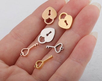 One Set of  Lock and Key Charms Stainless Steel Heart  Lock & Key Charms for DIY Necklace Gold Silver Tone Love Pendants ,Tiny Jewelry Charm