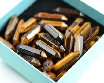 Natural Tiger Eye Stone Point Hexagon , Faceted Point, Double Terminated Wand Stick ,No Hole - 5 Pieces