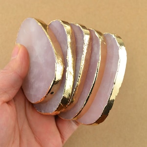 5 piezas de rodajas de losa de cuarzo rosa de 2 a 3 pulgadas, bisel chapado en borde dorado, piedra de cristal rosa ovalada para tarjetas de presentación de boda, tarjetas de decoración, tarjetas de lugar