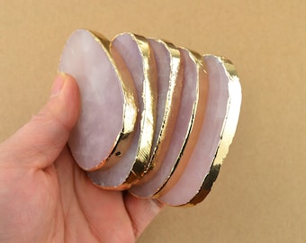 5 pcs Rose Quartz Slab Slices 2"- 3" - Gold Rim Edge Plated Bezel Oval Pink Crystal Stone for Wedding Name Cards Decor Namecards Place Cards