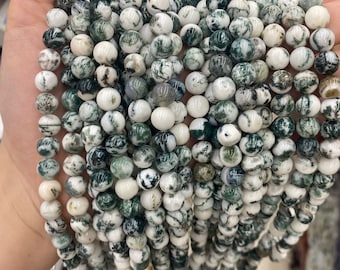 Natural Green and White Moss Agate Beads Genuine Tree Agate Round Loose Beads Strand Size Options 4mm 6mm 8mm 10mm 12mm Bulk WholesaleLot