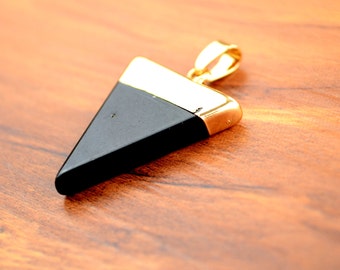 ONE Triangle Pendant Gold Plating Edge Charm 30x25mm -   Black Agate Slice Charms