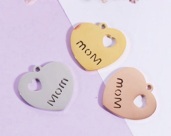 5Pcs Mom Heart Pendant Stainless Steel Heart Choker Charms for DIY Necklace 18K Gold Plated or Silver Tone Bracelet Tiny Jewelry Findings