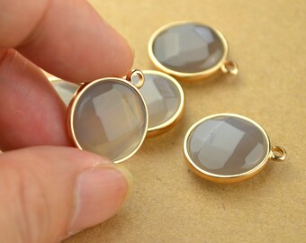 Facettierter Grauer Achat Anhänger Runder Naturstein Charm Bezel Vergoldeter Rand - 18mm