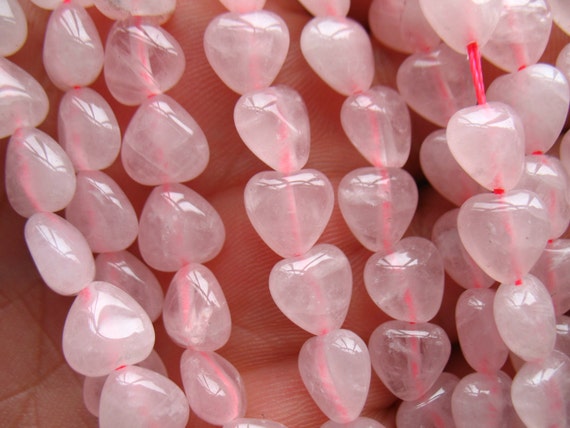 Natural Rose Quartz Heart Beads Pink Crystal Polished Hearts Natural Stone Beads 15" Full Strand 10mm Bead Vertical Hole