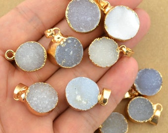 15mm-18mm Round Druzy Agate Pendant with Bail Gold Plated Edge Bezel Setting For Earring Necklace