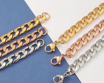 22 inches Curb Chain Men's Necklace, 18K Gold Plated Stainless Steel Cuban Chain,Heavy Flat Miami Hip Hop Chain with a Lobster Clasps
