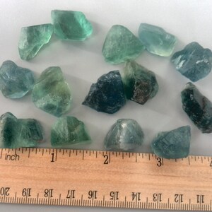 May include: A collection of 14 green and blue fluorite crystals, ranging in size from about 1/2 inch to 1 inch, displayed on a wooden ruler.