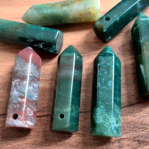 Natural Moss Agate Point Pendant Faceted Point Charm,Prism Pencil Obelisk Shape Top Drilled Necklace Charm 8x30mm Wholesale 1629