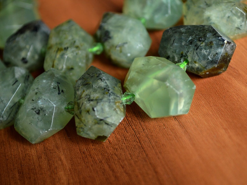 Natural Green Prehnite Faceted Bead Chunky Beads Middle Drilled Vertical Hole