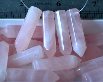 Natural Pink Rose Quartz, Long Faceted Point Pencil Obelisk Shape Top Drilled Beads 8x30mm Wholesale