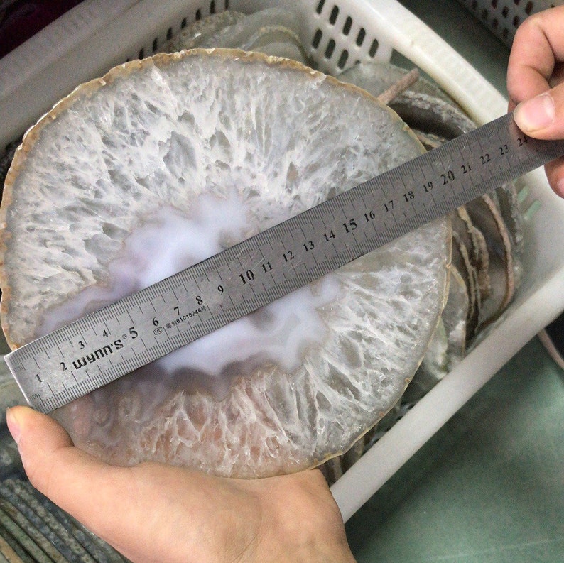 以下が含まれることがあります： 白と薄い茶色の模様が入った、大きな白い瑪瑙のスライス。スライスは約40cmの直径で、手で持たれています。定規を使ってスライスを測定しています。