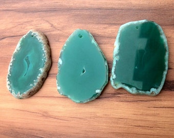3 Piece Green Agate Slices Top Drilled For Pendant - Random Selection
