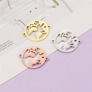 10 pçs de aço inoxidável redondo mapa do mundo conector globo pingente com 2 aros charme para colar pulseira conector furos duplos encantos